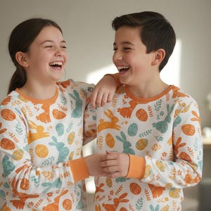 Puede incluir: Dos ni&ntilde;os con pijamas blancos a juego con estampados de Pascua en naranja y verde azulado, incluyendo conejos y huevos. Los pijamas tienen pu&ntilde;os y cuellos naranjas. Los ni&ntilde;os se r&iacute;en y se abrazan.