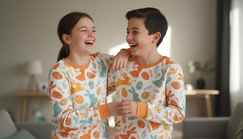 Puede incluir: Dos ni&ntilde;os con pijamas blancos a juego con estampados de Pascua en naranja y verde azulado, incluyendo conejos y huevos. Los pijamas tienen pu&ntilde;os y cuellos naranjas. Los ni&ntilde;os se r&iacute;en y se abrazan.