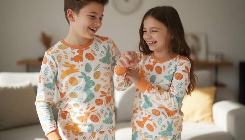 Puede incluir: Dos ni&ntilde;os con pijamas a juego con motivos de Pascua. Los pijamas son blancos con un estampado de conejos, huevos y follaje en naranja y azul. Las camisetas de manga larga tienen ribetes naranjas en el cuello y los pu&ntilde;os. Los ni&ntilde;os sonr&iacute;en y r&iacute;en.
