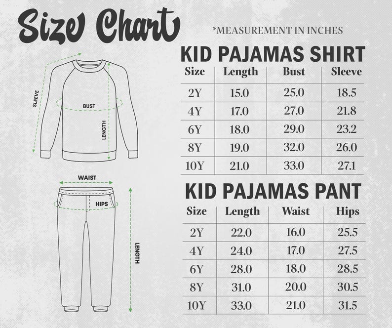 Puede incluir: Una tabla de tallas para pijamas infantiles, con medidas en pulgadas. La tabla incluye tallas de camisa y pantal&oacute;n, largos, busto, manga, cintura y caderas para tallas de 2Y a 10Y. El texto "Size Chart" est&aacute; en la parte superior.