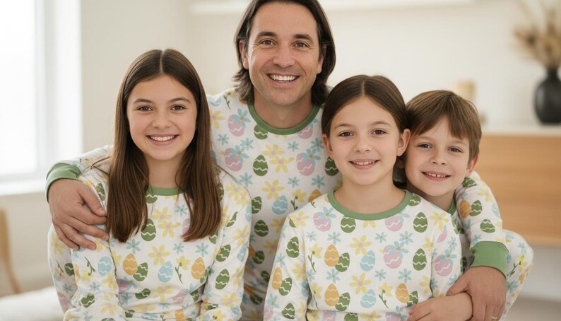 Pu&ograve; includere: Una famiglia di quattro persone indossa pigiami abbinati. I pigiami sono bianchi con un motivo di uova di Pasqua e fiori dai colori pastello. La famiglia sorride alla fotocamera.