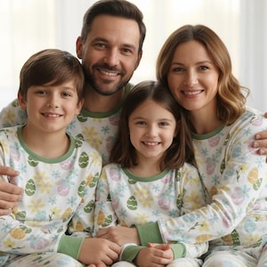 Pu&ograve; includere: Una famiglia di quattro persone indossa pigiami coordinati con un design floreale e a uova. I pigiami sono bianchi con rifiniture verdi. La famiglia sorride ed &egrave; seduta su un divano grigio.