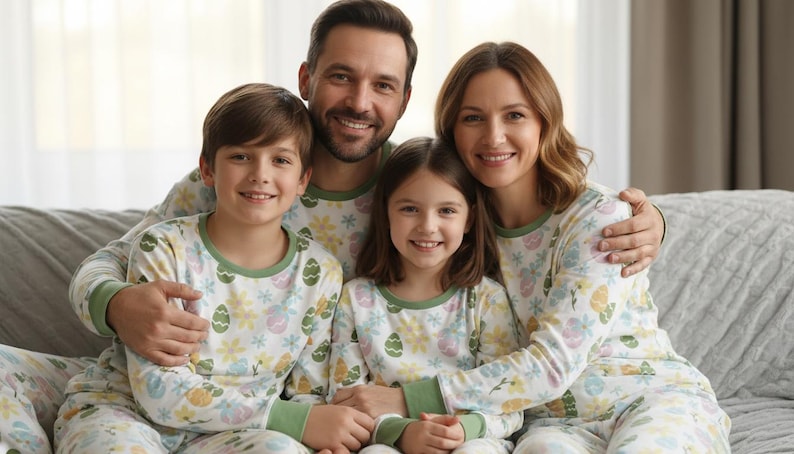 Pu&ograve; includere: Una famiglia di quattro persone indossa pigiami coordinati con un design floreale e a uova. I pigiami sono bianchi con rifiniture verdi. La famiglia sorride ed &egrave; seduta su un divano grigio.