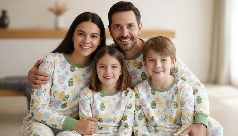 Pu&ograve; includere: Una famiglia di quattro persone indossa pigiami coordinati. I pigiami sono bianchi con un motivo di uova di Pasqua e fiori in colori pastello. I pigiami hanno finiture verdi intorno al collo e alle maniche.