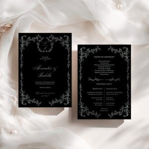 Black Gothic Wedding Program Card | Dark Romantic Ceremony & Welcome Cards | Elegant Black Tie Wedding Stationery | Editable Canva Template