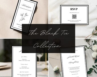 Black Tie Wedding Invitation Suite Template | Editable Black & White Wedding Stationery | Canva Wedding Suite | Modern Classic Wedding Set