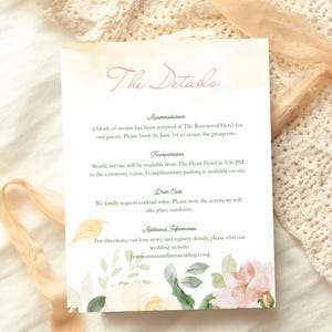 Cartão com Detalhes Adicionais | Cartão de Informações do Casamento | Modelo Editável no Canva | Encarte Imprimível com Acomodações e Código de Vestimenta