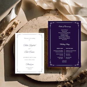 Royal dark purple wedding program card template, editable Canva wedding stationery, front and back program card mockup