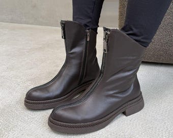 Women's Brown Leather Ankle Boots | Brushed Cotton Lining | Soft Leather Boots | Minimalist Style Shoes | Warm Winter Shoes