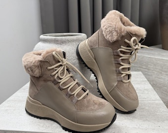 Women’s Beige Leather Winter Boots | Fur Lined Cold Weather Boots | Warm Suede & Leather Ankle Design | Cozy Everyday Winter Footwear