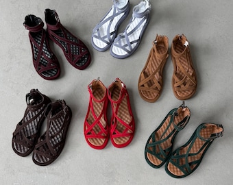 Sandalias de ante con tiras para mujer / Zapatos de plataforma de verano / Sandalias con correa ajustable en el tobillo / Plantilla de espuma viscoelástica