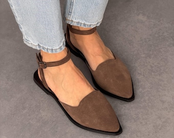 Toffi Suede Slingback Flats | Women’s Pointed Toe Shoes | Suede Flats | Toffee Suede Sandals | Handmade Shoes