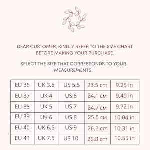 Puede incluir: Una tabla de conversi&oacute;n de tallas de zapatos con medidas en EU, UK, US, cm y pulgadas. La tabla incluye tallas EU 36 a 41, UK 3.5 a 7.5, US 5.5 a 10, con medidas correspondientes en cent&iacute;metros y pulgadas. El texto en la parte superior dice: "Estimado cliente, consulte la tabla de tallas antes de realizar su compra."