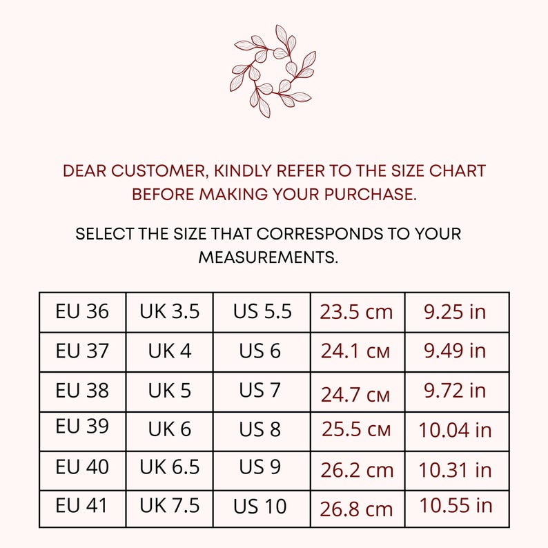 Puede incluir: Una tabla de conversi&oacute;n de tallas de zapatos con medidas en EU, UK, US, cm y pulgadas. La tabla incluye tallas EU 36 a 41, UK 3.5 a 7.5, US 5.5 a 10, con medidas correspondientes en cent&iacute;metros y pulgadas. El texto en la parte superior dice: "Estimado cliente, consulte la tabla de tallas antes de realizar su compra."