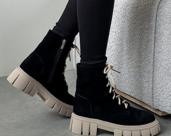 Platform Boots for Women | Black Suede Ankle Boots | Chunky Military Footwear Style | Lace-Up Autumn Shoes