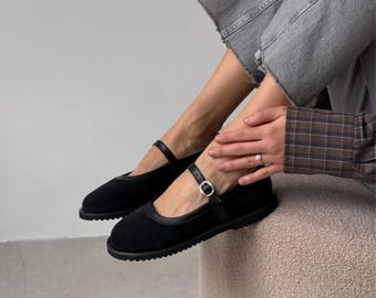 Wide Fit Black Suede Mary Jane Flats | Round Toe Leather-Lined Shoes | Comfortable Women’s Anatomical Mary Janes | Classic Doll Style