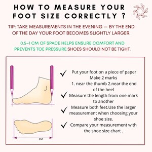 May include: An illustrated guide on how to measure foot size correctly. The image includes a foot outline, pencils, and text instructions. It advises taking measurements in the evening and provides tips for comfort and accurate shoe sizing. The image also shows the measurement in centimeters.