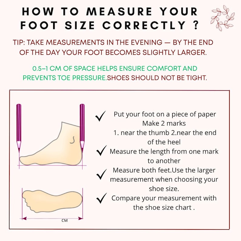 May include: An illustrated guide on how to measure foot size correctly. The image includes a foot outline, pencils, and text instructions. It advises taking measurements in the evening and provides tips for comfort and accurate shoe sizing. The image also shows the measurement in centimeters.