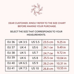 May include: A size chart with measurements in centimeters and inches, including EU, UK, and US sizes. The chart provides conversions for shoe sizes, ranging from EU 36 (US 5.5, 9.25 in) to EU 41 (US 10, 10.55 in).