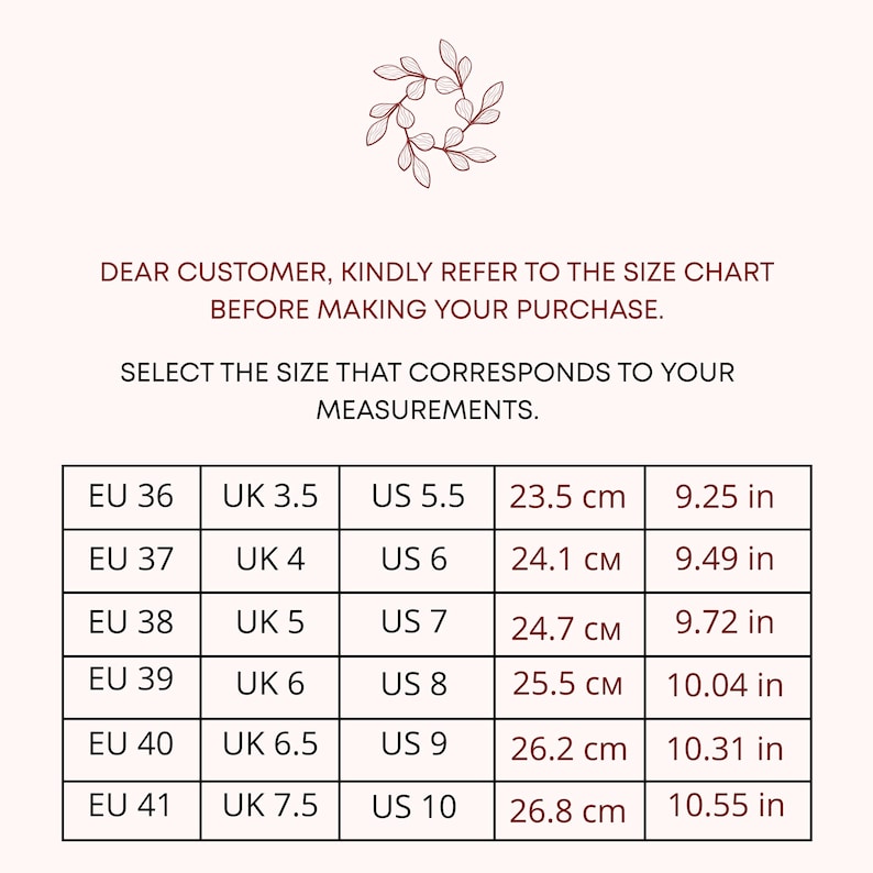 May include: A size chart with measurements in centimeters and inches, including EU, UK, and US sizes. The chart provides conversions for shoe sizes, ranging from EU 36 (US 5.5, 9.25 in) to EU 41 (US 10, 10.55 in).