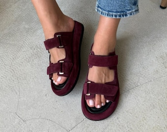 Sandalias de ante burdeos para mujer / Zapatos planos de punta redonda / Zapatos planos de cuero para mujer / Zapatos suaves y cómodos / Pantuflas con suela baja / Zapatos planos de verano