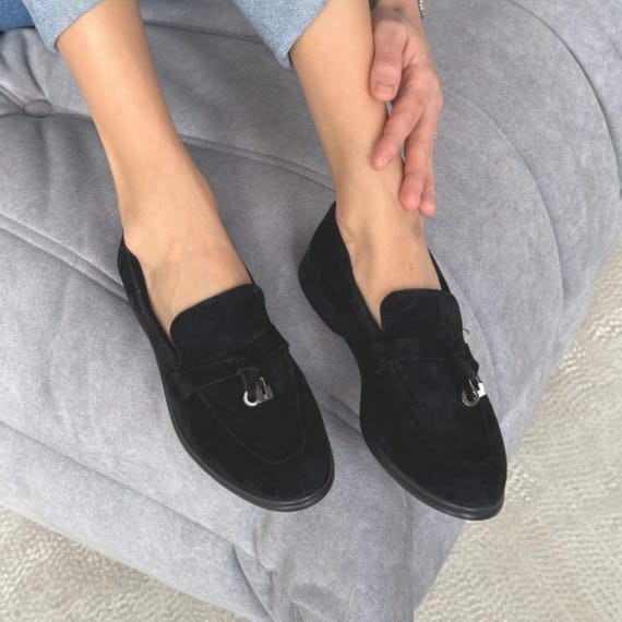 Handmade Black Suede Loafers for Women | Slip-On Design | Tassel Detail | Calf Leather Lining
