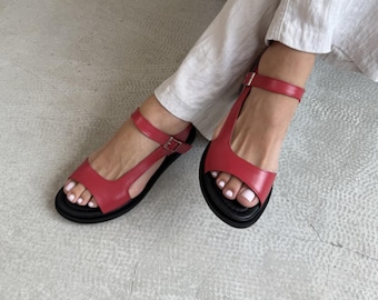 Handmade  Red Strappy Leather Sandals | Flats for Women | Summer Shoes | Woman Shoes