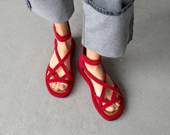 Sandalias rojas de ante para mujer / Sandalias de plataforma con tiras / Plantilla de piel con espuma viscoelástica / Zapatos de verano ajustables / Sandalias casuales llamativas