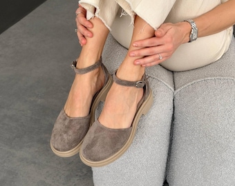Women’s Suede Mary Jane Flats | Handmade Ballet Shoes |  Vintage Leather Shoes |  Summer Sandals