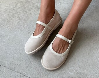 Anatomical Beige Suede Mary Jane Flats | Wide Toe Box Design | Suede & Leather Mix | Handmade Women’s Shoes | Modern Cozy Everyday Style