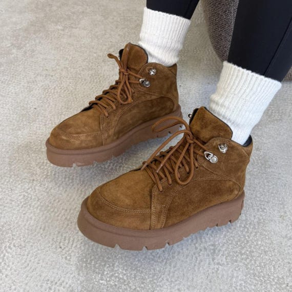 Handmade Caramel Suede Platform Boots | Chunky Ankle Boots  display picture 2