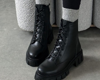 Handcrafted Black Leather Combat Boots | Women’s Chunky Ankle Boots | Lace-Up Design with Fleece or Fur Lining