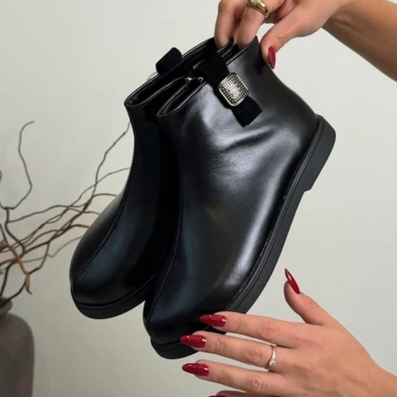 Women's Black Leather Wide Toe Box Boots | Warm Brushed Cotton Lining ...