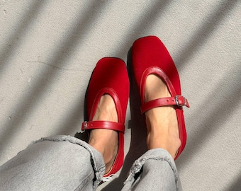 Red Mary Jane Flats for Women | Suede Leather Ballet Shoes | Square Toe Elegant Flats | Statement Everyday Shoes