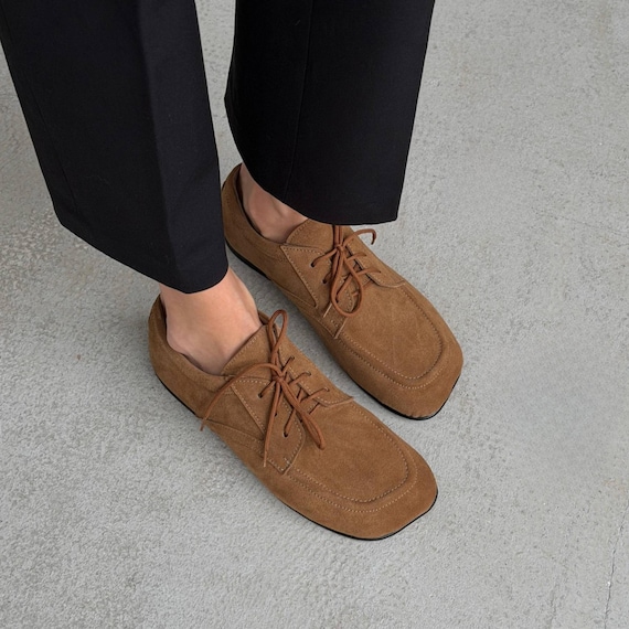 Women’s Caramel Suede Loafers | Square-toed Shoes  | Gift For Her  | Anatomical Wide Fit Shoes | Suede Anatomical Toe Loafers