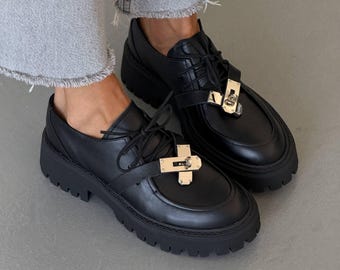 Women’s Black Leather Oxfords | Handmade Derby Shoes | Leather Lined Lace Up Shoes | Chunky Platform Lug Sole