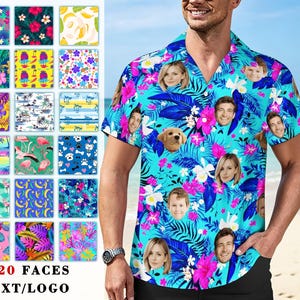 May include: A short-sleeved button-down shirt featuring a vibrant tropical pattern of blue palm leaves, pink hibiscus flowers, and white blossoms, customised with repeating photographic portraits of faces and a golden retriever puppy.