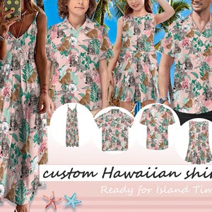 May include: A collection of custom Hawaiian shirts and dresses in a pink floral pattern with cat illustrations. The image includes a variety of shirt styles, a dress, and the text "custom Hawaiian shirt Ready for Island Time".