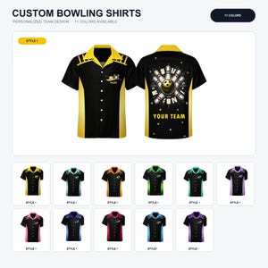 May include: A short-sleeved button-down bowling shirt featuring a black and yellow color scheme. The front displays a small bowling graphic and name placeholder, while the back features a large bowling pin and ball design with the text YOUR TEAM.