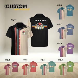 May include: A collection of short-sleeved button-down bowling shirts in various colors, featuring a vertical striped pattern on the front, a bowling pin graphic, and the text "TEAM NAME" or "YOUR NAME" on the back and front respectively.
