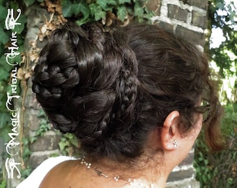 Messy Braided Chignon YOUR HAIR COLOR Undone look hair bun Multi-styling hair braid Wedding bride braided topknot Fantasy hair extensions