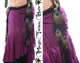 Belly Dance PEACOCK FEATHER TASSELS Black Paradise Tribal Fusion belt Goth hip scarf adornment Gothic Lolita hair jewelry Peacock extensions