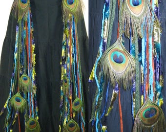 PEACOCK YARN FALLS Mermaid costume tassels for hip scarf & tribal fusion belt Fantasy feather hair extensions Belly Dance costume Larp hair