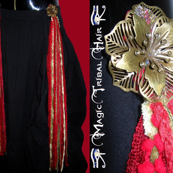 BELLY DANCE TASSELS yarn falls Red Passion Gold hair fall Steampunk Gothic Tribal Fusion hip & hair jewelry Hip scarf belt Costume accessory