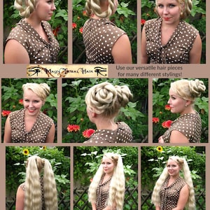 May include: A collage of images showcasing different hairstyles using hair extensions. The model is wearing a brown polka dot dress and various hairstyles, including braids, buns, and long, flowing hair.