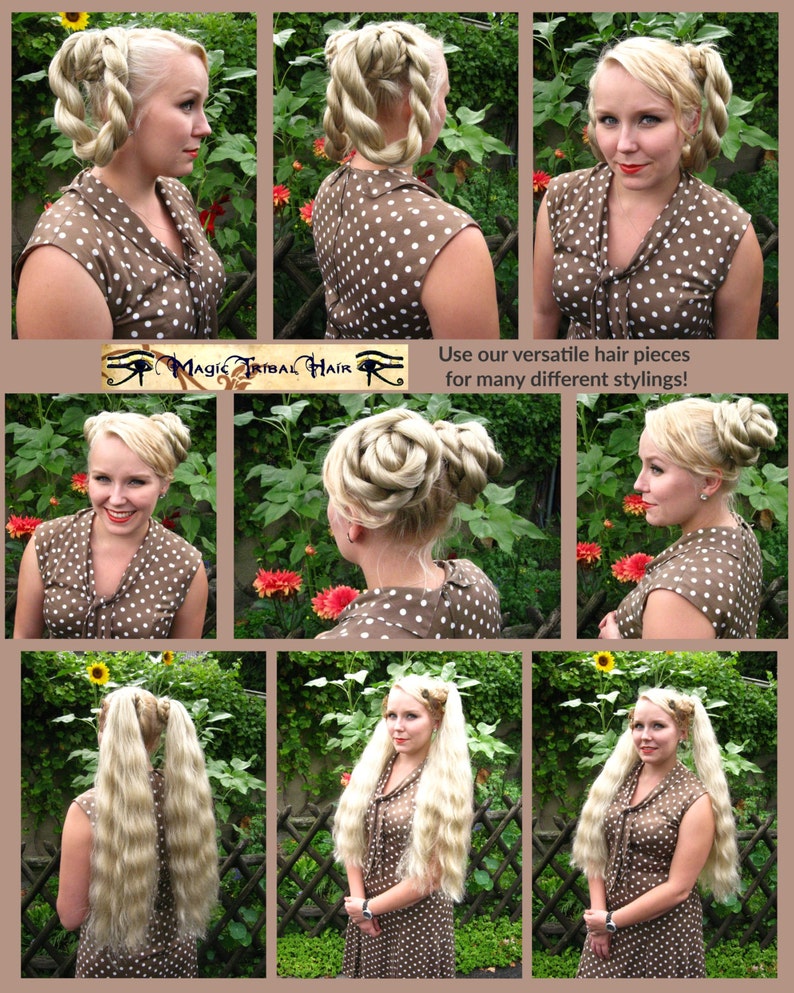 May include: A collage of images showcasing different hairstyles using hair extensions. The model is wearing a brown polka dot dress and various hairstyles, including braids, buns, and long, flowing hair.