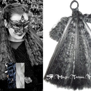 GOTH HAIR FALLS black white Gothic witch hairpiece Wicca ponytail extensions 24&#39;&#39; long dark fantasy hair falls Steampunk pirate costume hair