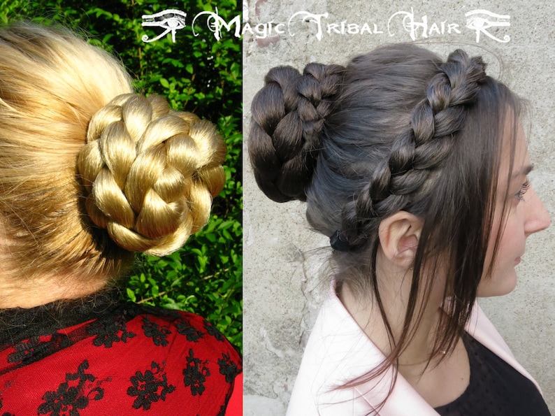 May include: Two women with different hair colors are wearing braided hair extensions. The woman on the left has blonde hair and is wearing a blonde braided bun. The woman on the right has brown hair and is wearing a brown braided bun and a brown braided headband.