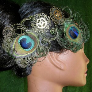 STEAMPUNK PEACOCK headpiece 2 x Vintage gears peacock feather fascinator Neo Victorian hair piece Tribal Fusion Belly Dance hair jewelry image 3