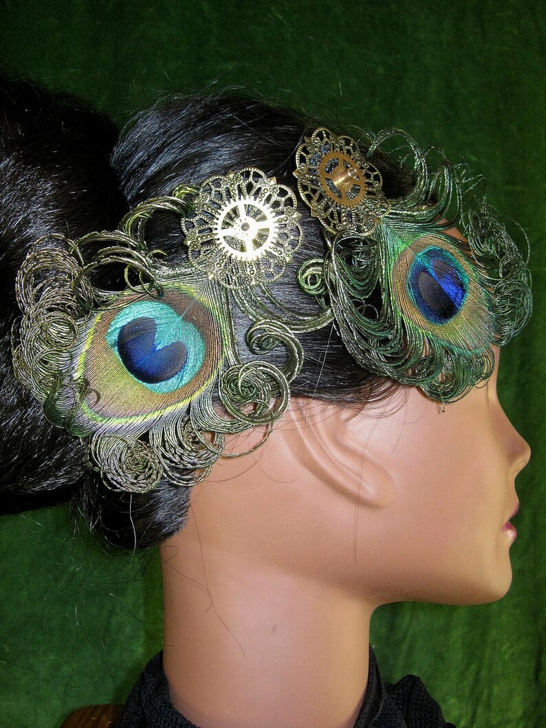 STEAMPUNK PEACOCK headpiece 2 x Vintage gears peacock feather fascinator Neo Victorian hair piece Tribal Fusion Belly Dance hair jewelry image 3